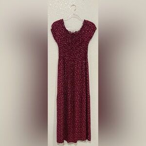 Smocked Burgundy Maxi Dress with White Heart Print